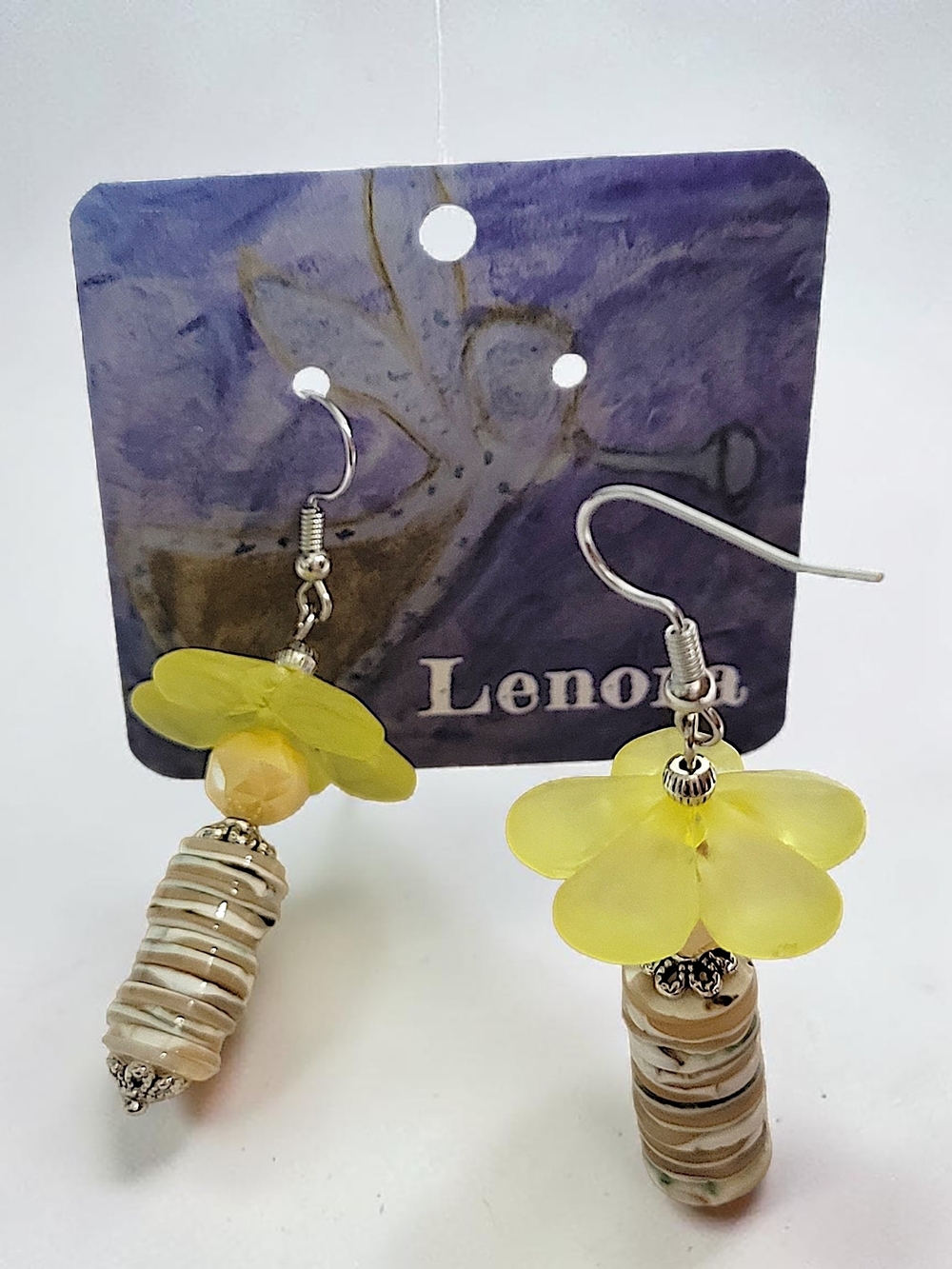 Hand Crafted Yellow Lucite, Glass & Mother of Pearl Shell Stack Dangle Earrings - Picture 10 of 10